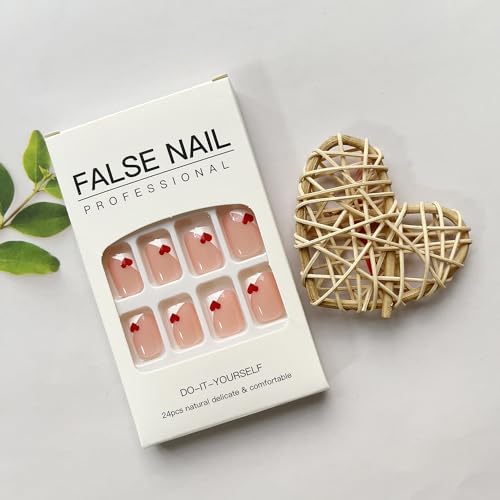 LYLYNB Valentine Heart Press on Nails French Tip Short Square Acrylic False Nails