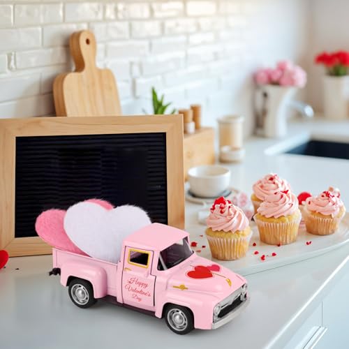 Valentine's Day Mini Pink Metal Pickup Truck with Hearts Decor