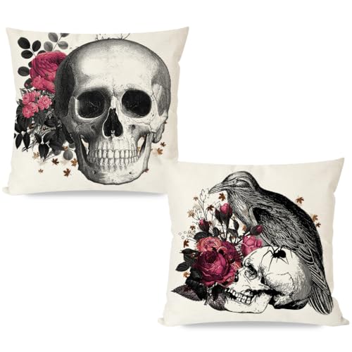 Halloween Skull & Raven Throw Pillow Covers 18x18 Inch, Set of 2