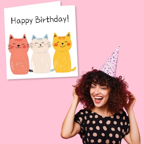 Happy Birthday Card for Cat Lovers - Colorful Design - Blank Inside