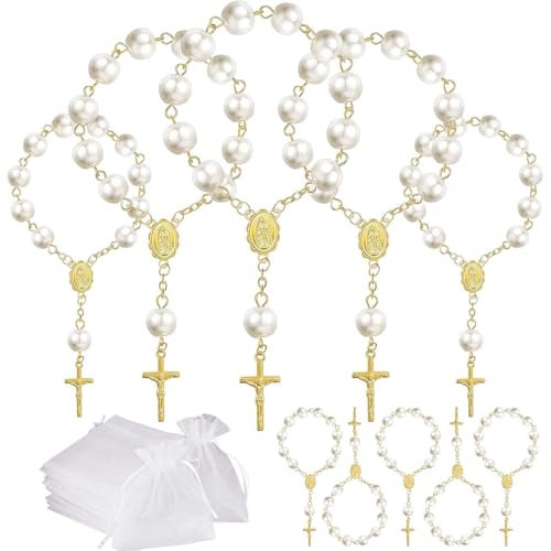 10-Set Gold Pearl Mini Rosary Beads with Organza Bags for Baptism Favors