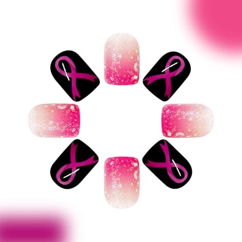 Breast Cancer Press on Nails Short Square Pink Ribbon False Nails
