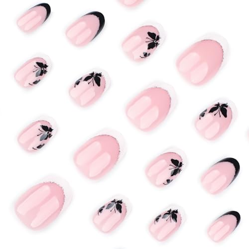 Short Press on Nails French Tip with Butterfly Design Fake Nails Kit