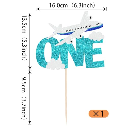 Airplane First Birthday Cake Topper Glitter Blue and White Party Decor