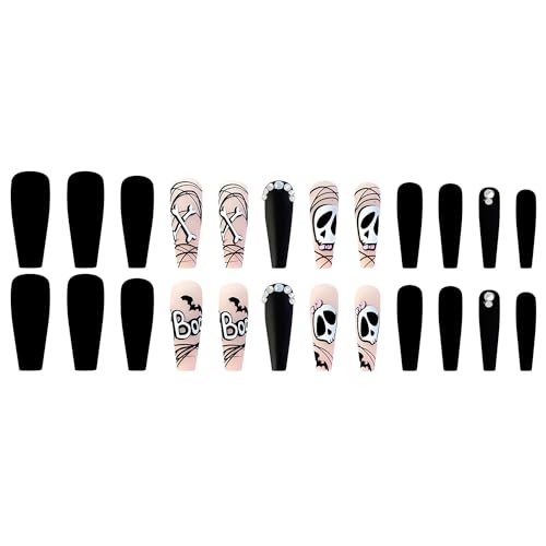 SINSEN Long Coffin Halloween Press on Nails - 24 Pcs Cartoon Skull Acrylic Fake Nails