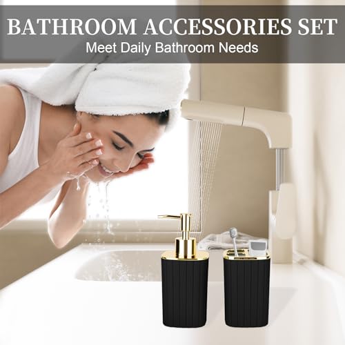 RRM Black and Gold Bathroom Accessory Set - 2-Piece Soap Dispenser & Holder
