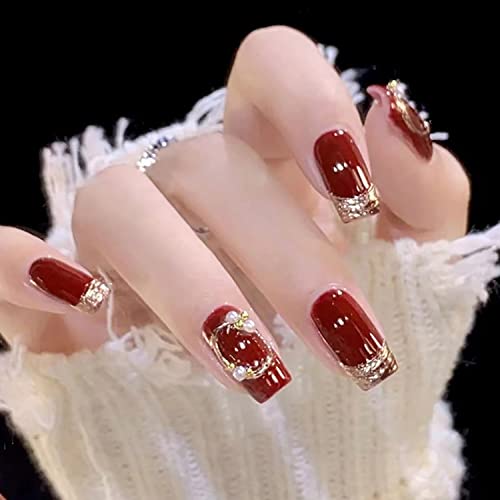Press On Nails Medium Square Wine Red False Nails with Pearls Rhinestones