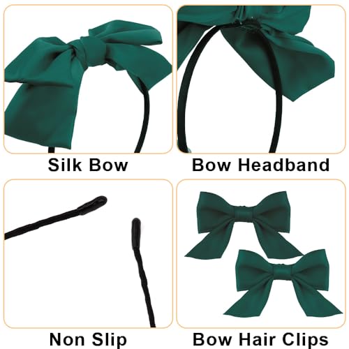 Galuobal Dark Green Satin Hair Bow Headband and Clips Set for Girls