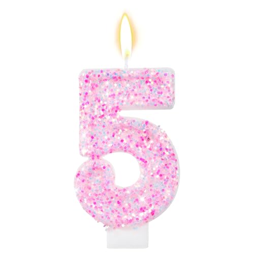 Pink Number 5 Birthday Candle Shimmering Cake Topper Decoration