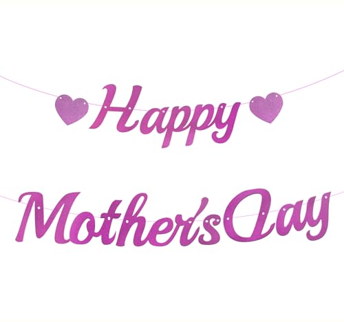 Happy Mother's Day Banner - Pink Glitter Heart Garland for Decor