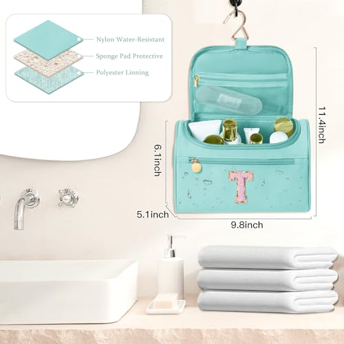 COSHAYSOO Initial Hanging Travel Toiletry Bag Preppy Teal Blue Letter T