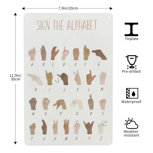 Vintage American Sign Language Alphabet Tin Sign - 8x12 Inches