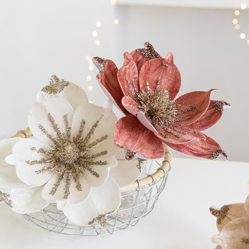 Artificial Glitter Magnolia Flowers Christmas Poinsettia Ornaments Picks - Red, 9.4 Inches, Set of 6