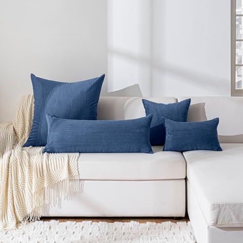 Denim Blue Lumbar Pillow Cover 14x36 Inch Corduroy Cushion