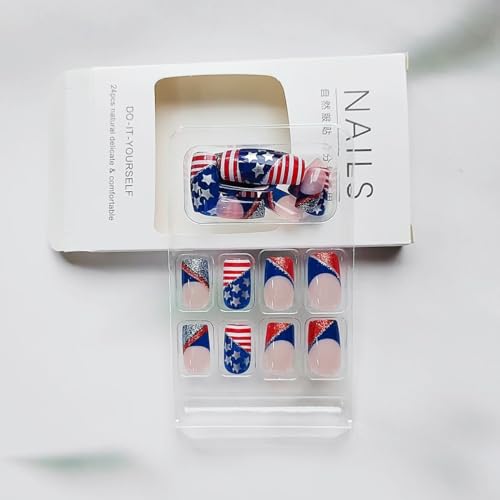 Independence Day Press on Nails Short Square Fake Nails Red Blue Glitters