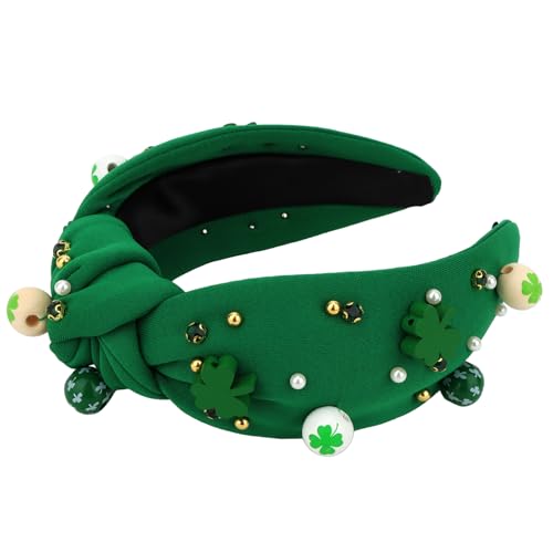 St Patrick's Day Green Top Knot Headband with Shamrock Beads & Pearls
