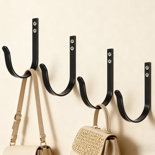 Heavy Duty Black Wall Hooks - 4 Pcs, 22LB Capacity for Coats & Bags