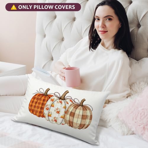 IAFQWDS Coquette Bow Plaid Pumpkin Fall Pillow Cover 12x20 - Orange Decor