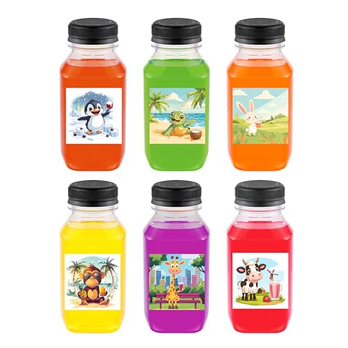6-Pack 10oz Reusable Juice Bottles with Cute Animal Labels