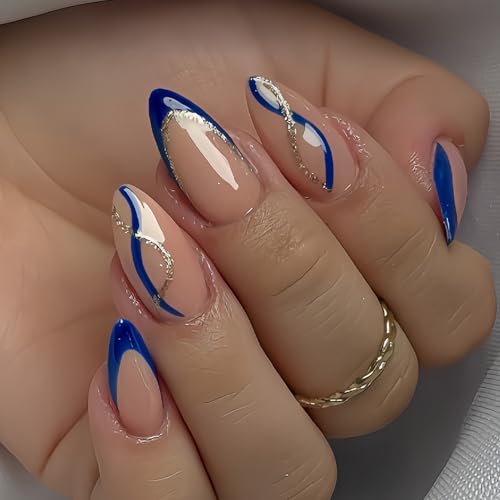 Navy Blue French Tip Press on Nails Medium Almond Fake Nails with Gold Glitter