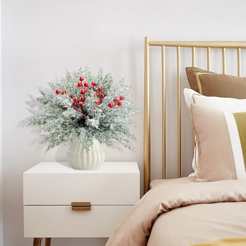 Snowy Christmas Pine Branches & Red Berry Stems - 60 Pcs Artificial Holiday Foliage - Watayo Snow Style