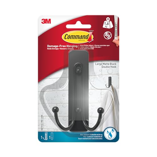 Command Large Matte Black Bathroom Hook with Water-Resistant Strip