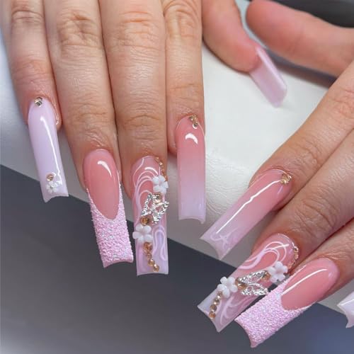 Ombre Pink Long Square Press on Nails with French Tip & Rhinestone Butterfly