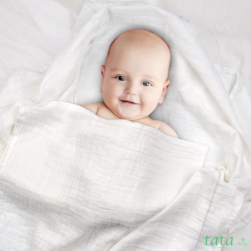 TATA AMG Pure White Organic Muslin Cotton Baby Swaddle Blanket - 47x47 Soft & Breathable Receiving Blanket