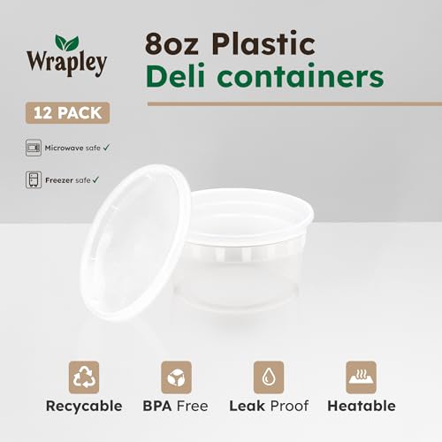 Wrapley 8oz Deli Food Containers with Lids - Leakproof Meal Prep Set (12 Pack)