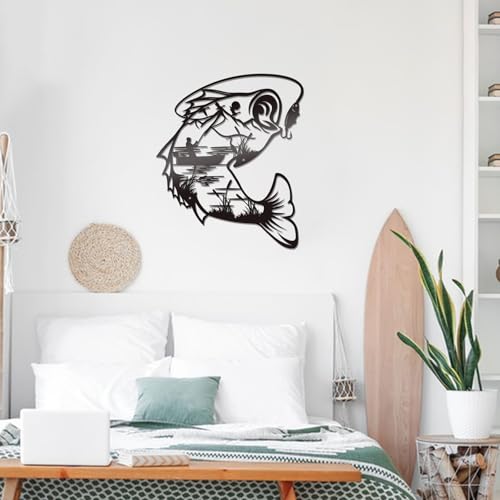 Bnesi Metal Fish Wall Decor, Black Fishing Scene Art for Home Bathroom