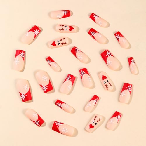 Christmas Press on Nails French Winter Snowflake Acrylic Fake Nails