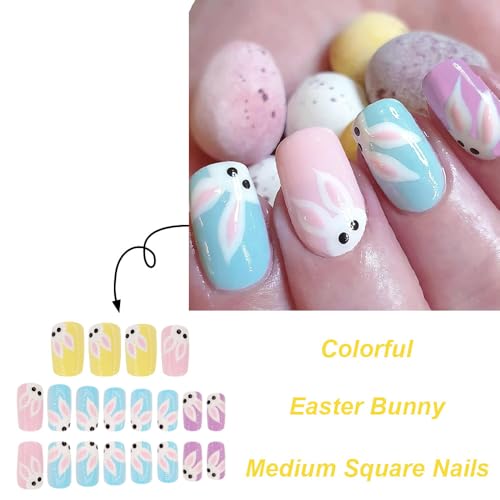 Easter Press on Nails Short Square False Nails with Rabbit Designs