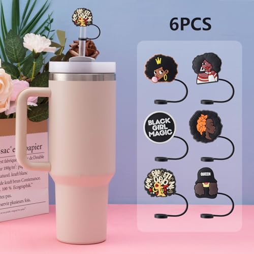 6Pcs Black Girl Straw Cover Cap for Stanley Cup Accessories, 10mm Cute Black Drinking Straw Topper for 40oz 30oz Stanley Tumbler, Dust-Proof Reusable Straw Tips Valentines Decor Gifts for Women