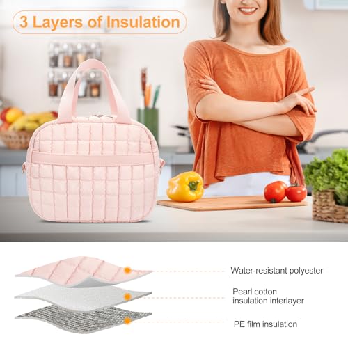 Honitty Quilted Puffer Lunch Bag, Insulated Lunch Box for Women, Gloss Pink M