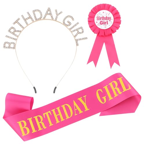 Chanaco Hot Pink Birthday Crown and Sash Set for Women & Girls