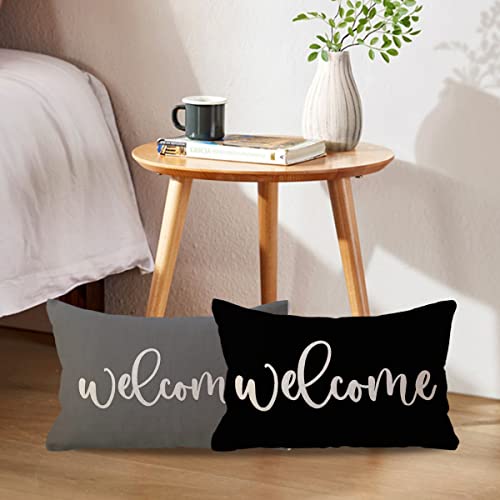 Welcome Decorative Lumbar Pillow Cover - 12x20 Inch Black Farmhouse Style
