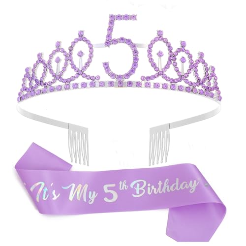 Rose Gold 5th Birthday Tiara and Sash Set for Girls