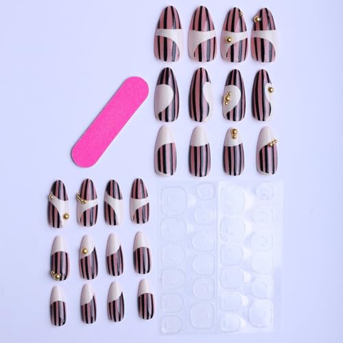 French Tip Press on Nails Medium Almond Fake Nails 3D Pearl Milk White