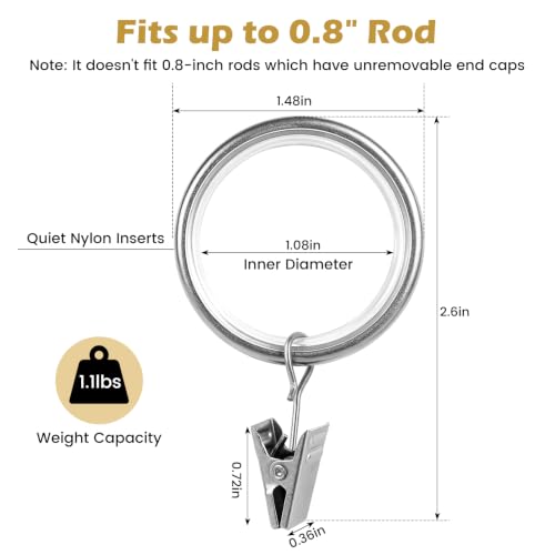 40-Pack Silent Curtain Rings with Clips - Rustproof Aluminum Alloy, 1.08in Diameter