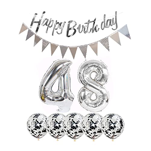 48th Birthday Decoration Kit - Silver Foil Balloons & Banner