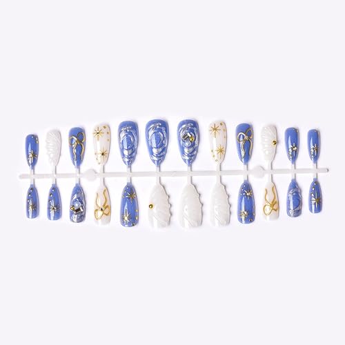 24Pcs Gold Star Press on Nails Medium Almond Fake Nails with Bow