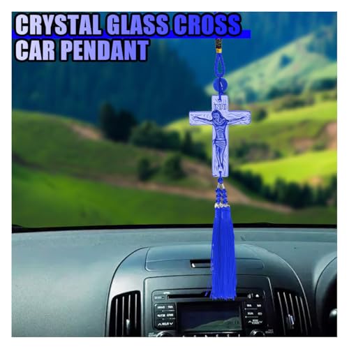 Crystal Jesus Cross Rearview Mirror Charm with Tassel - Blue