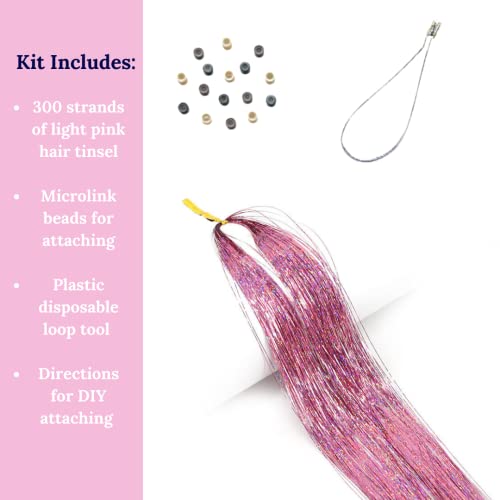 Light Pink Hair Tinsel Kit with Beads and Tools - 300 Strands