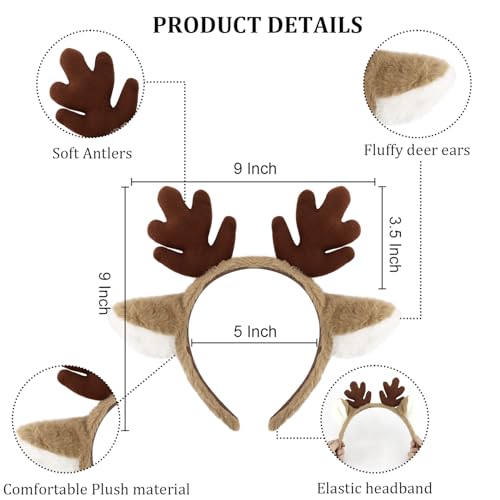 SuPoo Reindeer Antlers Headband Plush Fawn Ears Holiday Costume Hairband