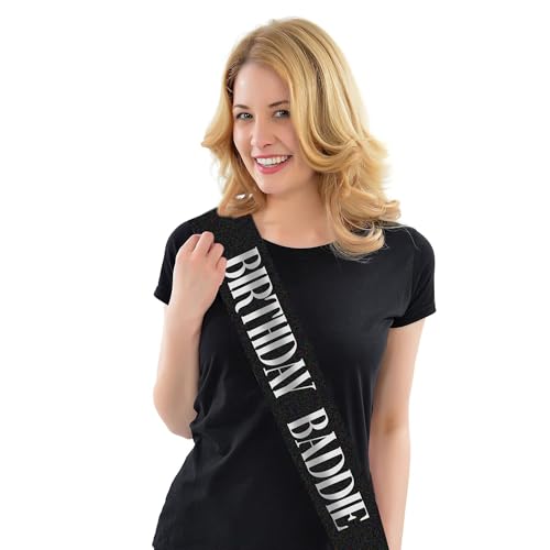 Exacoo Birthday Baddie Sash Black Satin with Silver Foil Lettering