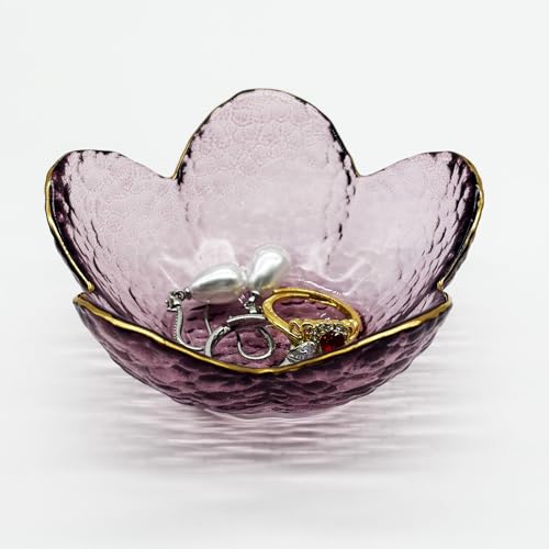 Purple Flower Jewelry Ring Dish Holder, Small Glass Trinket Tray for Women