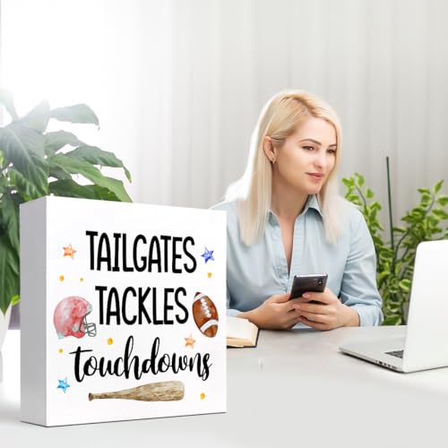 Tailgates Rugby Wood Block Sign - Rustic Desk Decor for Home