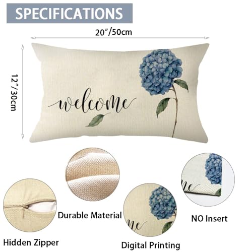 Watercolor Hydrangea Welcome Throw Pillow Cover - 12x20 Inch Floral Cushion Case