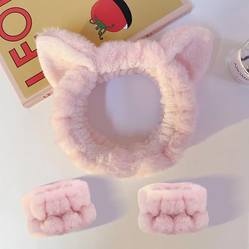 JazSwirl 3-Piece Skincare Headband and Wristband Set - Plush Cat Ear Design