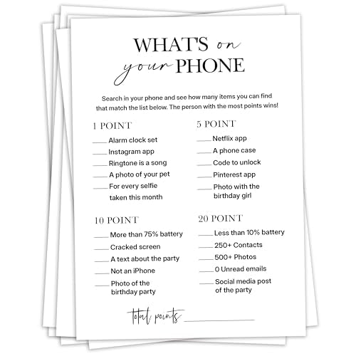 What's on Your Phone? Adult Birthday Party Game Cards - Fun Icebreaker Sheets, 25 Pack